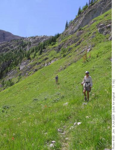 Margaret and Ginger navigate the Elk trail with the Weary Creek Gap headwall behind them Margaret and Ginger navigate the Elk trail with the Weary Creek Gap headwall behind them