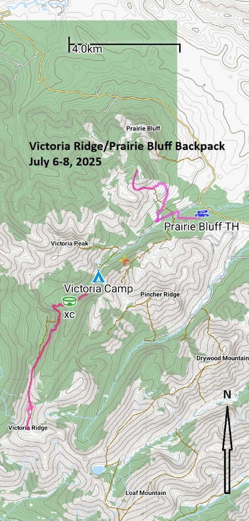Map of Victoria Ridge and Prairie Bluff via backpack, July 6-8, 2025. 