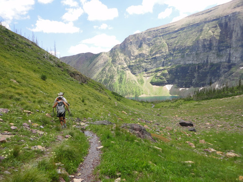 Ramblers descend from Akamina Ridge to Wall Lake, BC 
