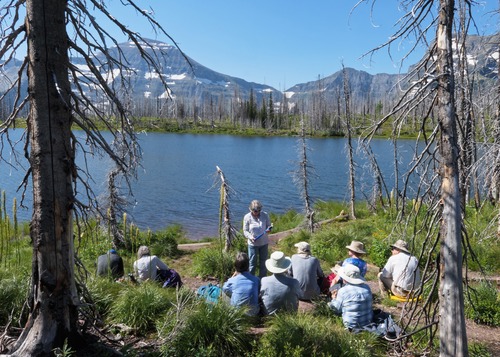 After a nicely shaded ascent of the switchbacks above Cameron Lake, a snack break at Summit Lake before the long but gradual climb to Carthew summit. 
