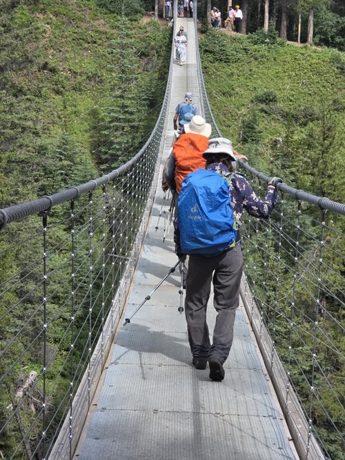 Crossing the suspension bridge 