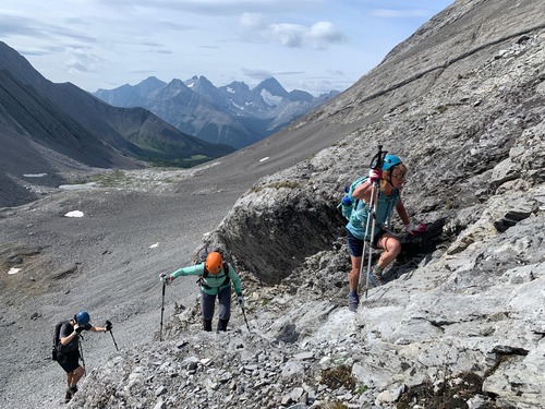 Ramblers ascending the ribs to Galatea E ridge