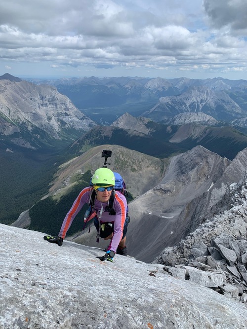 Stephanie mastering the SC7 slab on the ridge