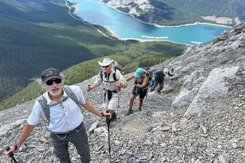 Garys 2 and 1 on the way up Rimwall Summit (Spray Reservoir in bkg)