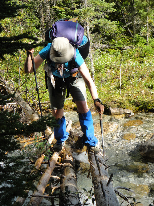 Jane crosses Conway Creek, BC while on the GDT section D