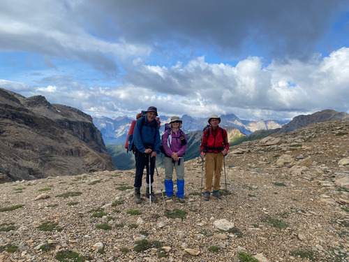 Bob, Jane and David pose on Kiwetinok Pass,BC