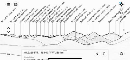 An example of PeakFinder's crowded screen from the top