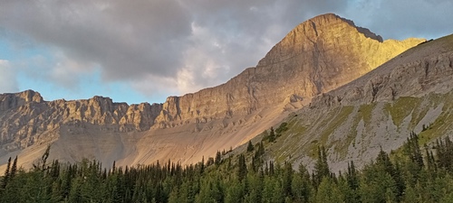 Sunset on the west face of Mt. Joffre, BC from a camp at Sylvan Pass enroute to Limestone Lakes. 
