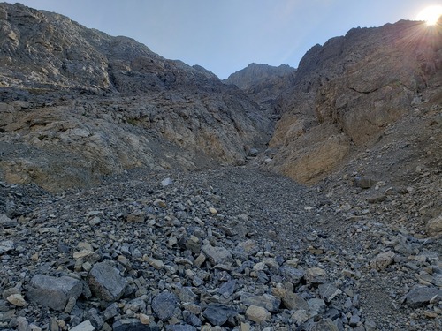 Looking at our ascent route up the most southerly drainage. We mostly scrambled up the left side.