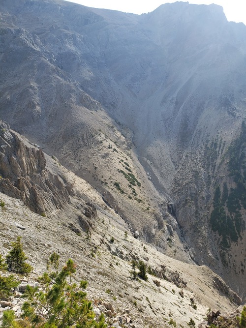 Looking at what we had to descend to get back down to the main drainage. We were not too happy about this prospect.