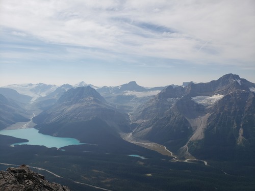 From the summit of Silverhorn, looking across at Peyto Lake, Caldron Peak, Delta Creek, Mount Mistaya, Mount Patterson.
