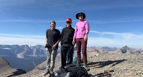 Gary, Jack, and Carolyn on the summit of Noseeum Peak, Bow Lake in the background.