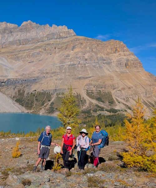 The group at the top of Packers Pass looking down to Zigadenus Lake