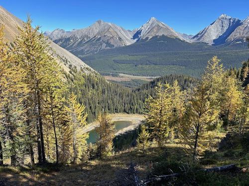 Looking down at Tryst Lake (Mt Engadine, The Tower and Mt Galatea in bkg)
