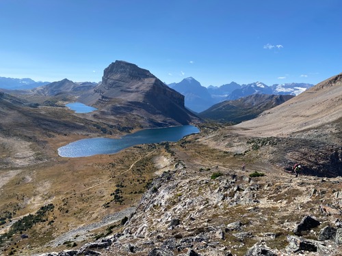 Tiny Ramblers climbing from Ptarmigan Lake; Redoubt in background 