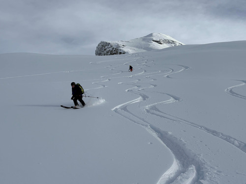Clifton and Kim on Paradise skiing breakable crust