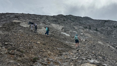 Enough trail and scree bashing....almost up to real rock ascending the north peak