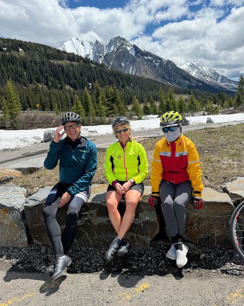 Dave, Cathy, Sim - Lunch stop at Highwood Pass (Storm Mtn in bkg)