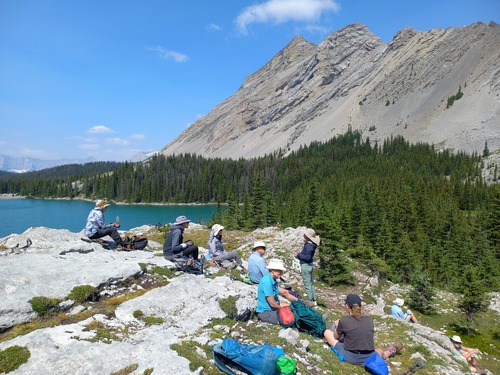 A large number of Ramblers took over a premium spot overlooking two of the lakes to have lunch
