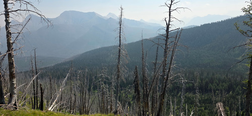 View looking toward Cameron Lake. The smoke cleared somewhat as the wind picked up during the day.