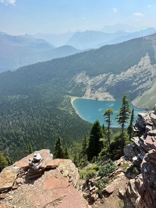 Looking down on Forum Lake from the scramble section.