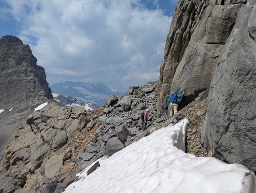 Difficult section with steep scree and snow