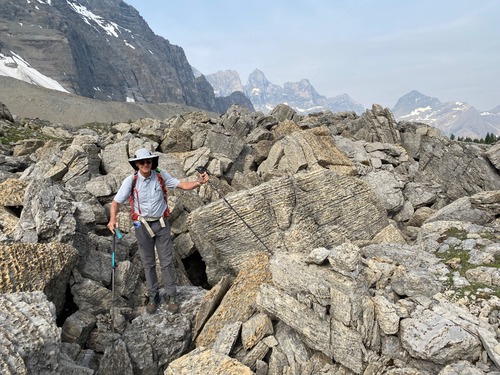 Goodsir Pass is filled with chunky, sharp, jagged rock