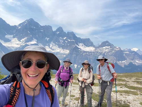 Us by the Goodsirs; Mount Vaux (with glacier) at right 
