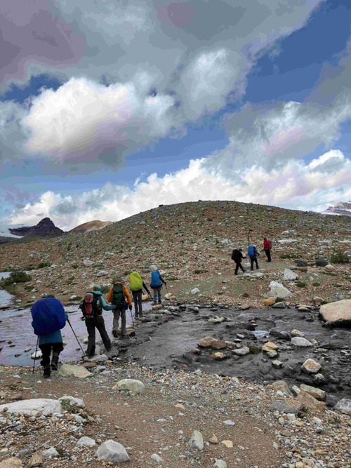 Creek crossing on the Iceline Trail, we were all bundled up against the cold north wind (Jenny's picture)