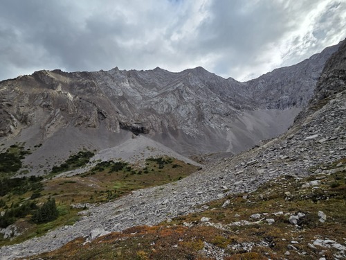 Our first view of the north and south summits of Mount Denny, and our route up to the col between them.