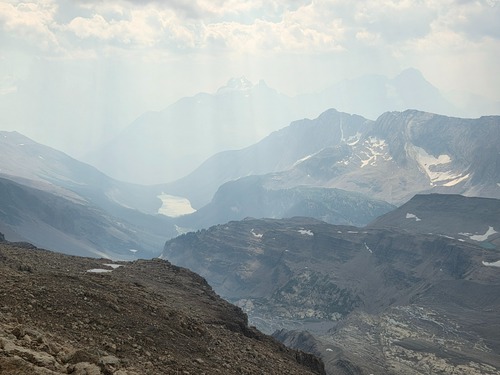 Looking south at Sherbrooke Lake, Cathedral Mountain, and Mount Stephen from the summit ridge of Mount Daly.