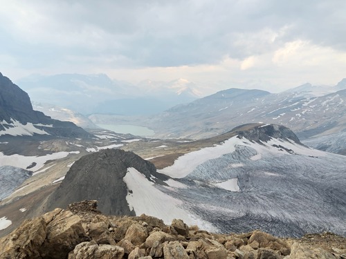 Looking across at Takakkaw Lake and Takakkaw Peak from the summit ridge of Mount Daly.