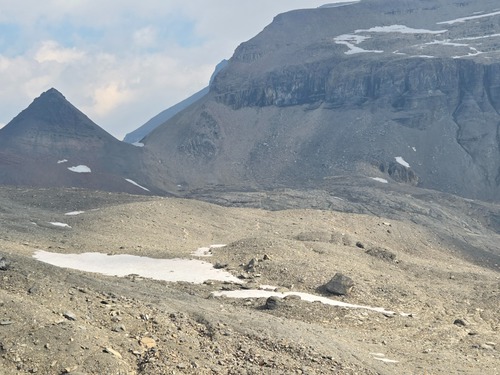 Our first view of the route up Mount Daly, which goes up to the right of the small pyramid at the Niles - Daly col.