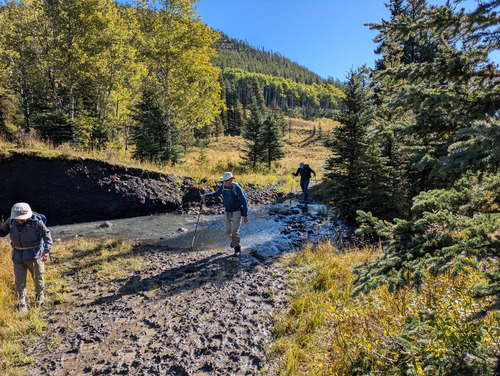 the easy tributary crossing, note cow-churned mud in foreground