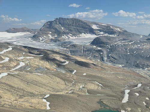 Most of the scramble route up Mount Daly can be seen from the summit of Takakkaw Peak. 