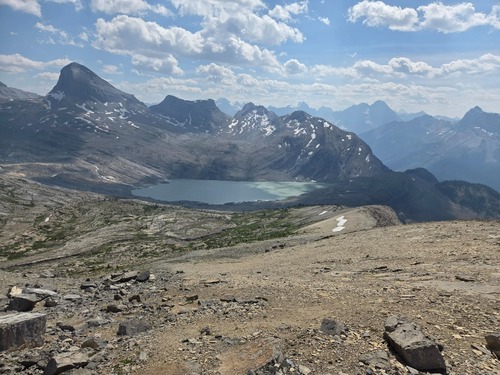 Mount Niles and Takakkaw Lake from the south ridge of Takakkaw Peak.