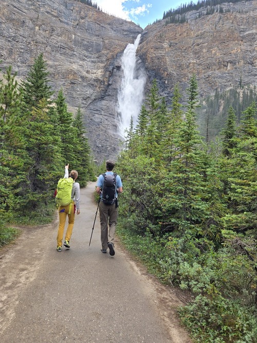 Serena describing the rock climbing route up Takakkaw Falls.