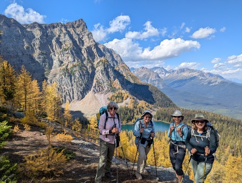 Group, minus photographer Bill, on ridge overlooking Arnica Lake