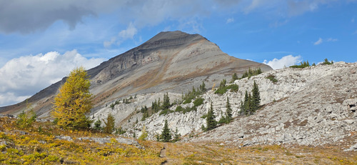 Looking back at Snow Peak. The ascent route follows the righthand ridge