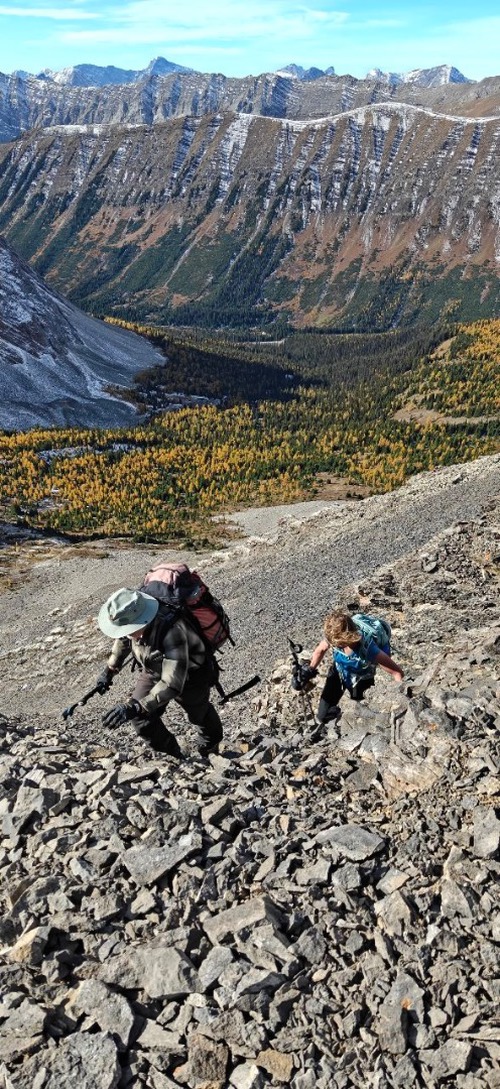 Bill and I scrambling up the final steps to Arethusa Col
