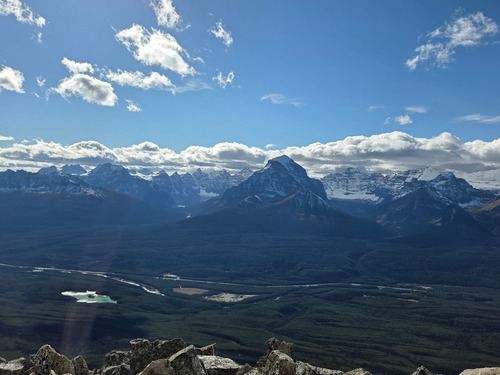 Looking across at Moraine Lake, some of the Ten Peaks, Temple, Hungabee, Paradise Valley from the summit of Lipalian.