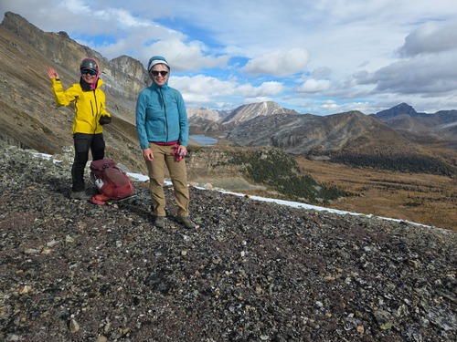 At the col between Mount Redoubt and Unity Peak, Redoubt Lake in the background.