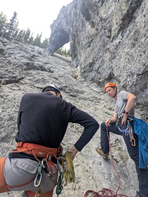 At the base of the climb, gearing up for the 1st pitches - we combined the first two pitches together as a single longer one given the easy climbing and chance to speed things up a bit.