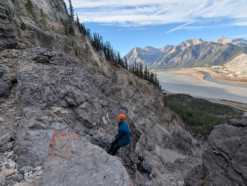 1st rappel with the Bow Valley in the background.