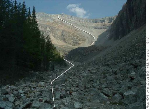 Foreshortened view of Storm Mtn route -- a lot more scree and rotten rock to negotiate than appears!