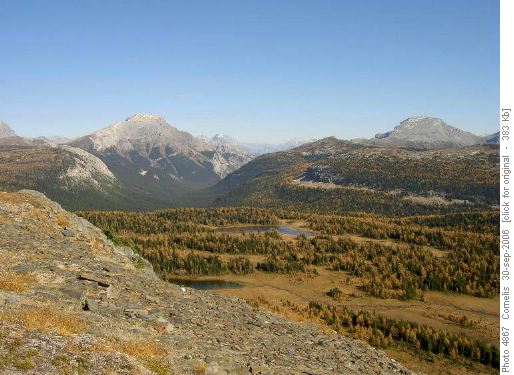 Mt Bourgeau (2,931m) and Healy Meadows as seen NE from the Monarch Ramparts
