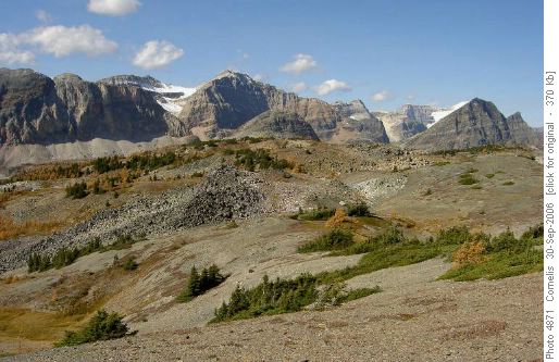 Redearth Pass Area as seen NW of the Monarch Ramparts. Haiduk & Pharaoh Peaks in background.