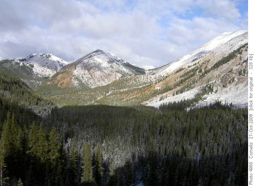 View from the Col WSW of PJ Lakes, Highwood Range right, Picklejar Creek Pass centre right