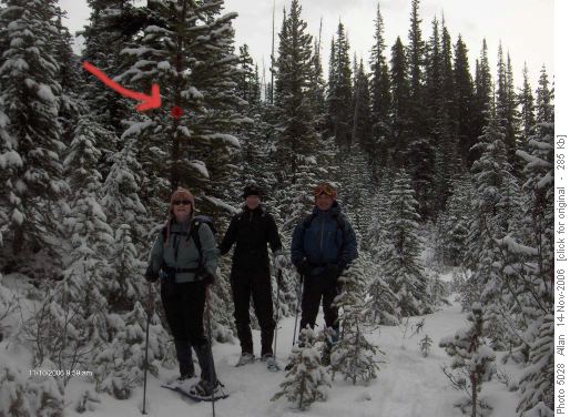 Ev, Charlene and Les by Chester snowshoe trail marker