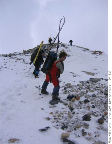 Ascending the moraine on a trip to Peyto hut